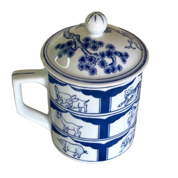 Lidded Mug Oriental Coffee or Tea Cop Chinese Animal Calendar Design 3.75" - Picture 2 of 6